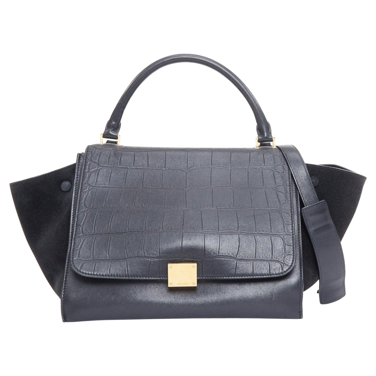 CELINE Phoebe Philo Trapeze black mock croc gold hardware tote bag