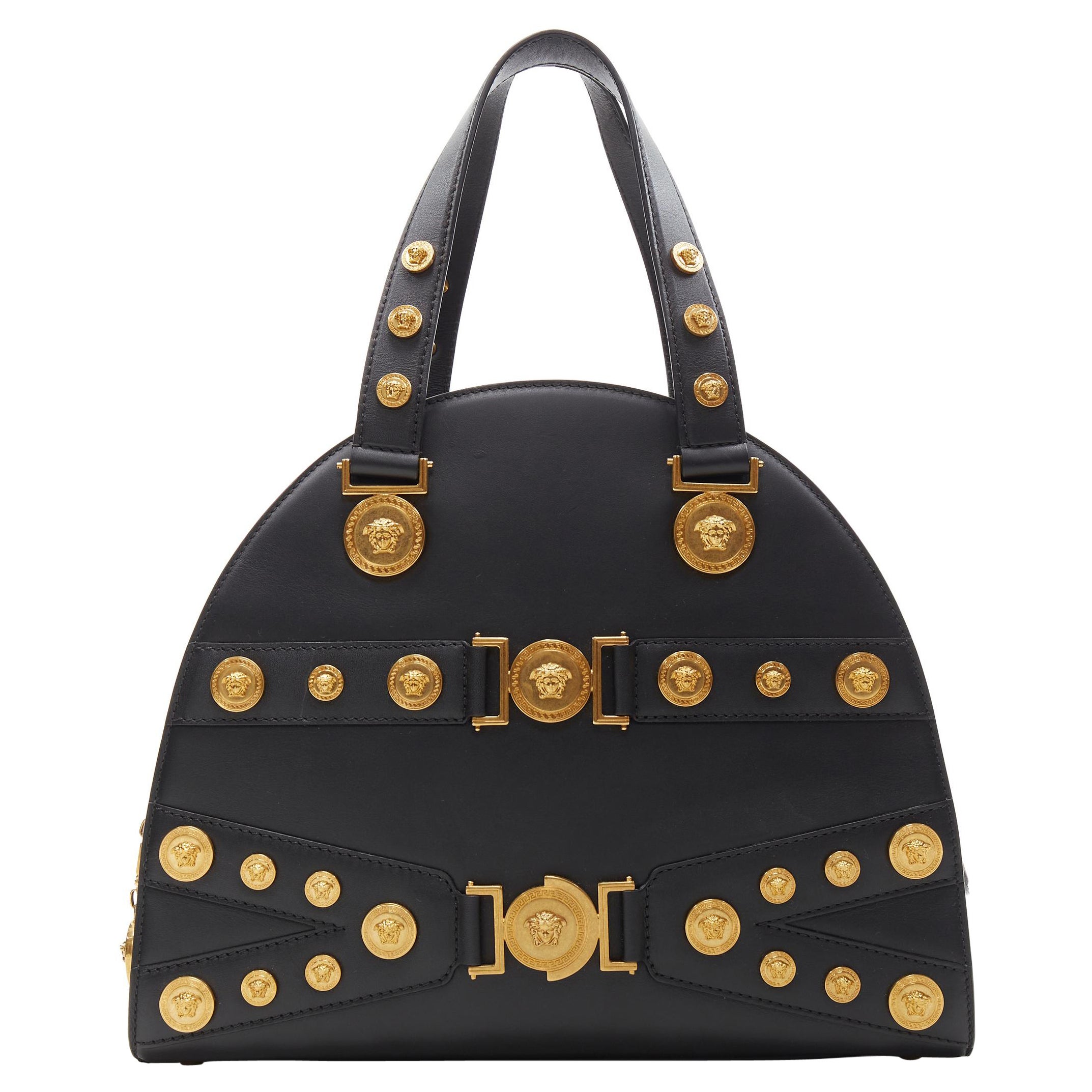 VERSACE 2018 Tribute 1992 gold Medusa stud bondage bowling shoulder bag For Sale