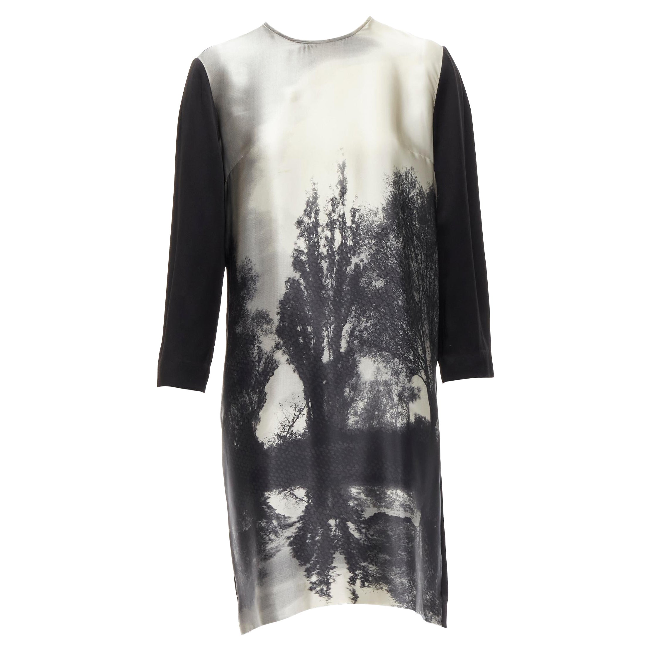 STELLA MCCARTNEY 100% silk black grey tree photo print crew neck dress For Sale
