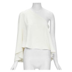 ROLAND MOURET white viscose crepe draped one shoulder cascade top UK10 M