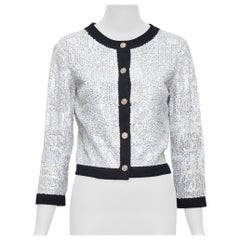 CHANEL 08P white printed sequins beige cashmere black trim cardigan FR34 XS