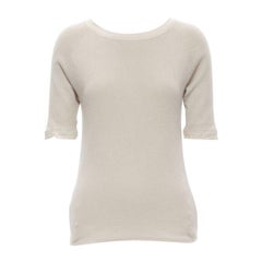 CHLOE Perle beige cashmere silk gold zip back short sleeve sweater S