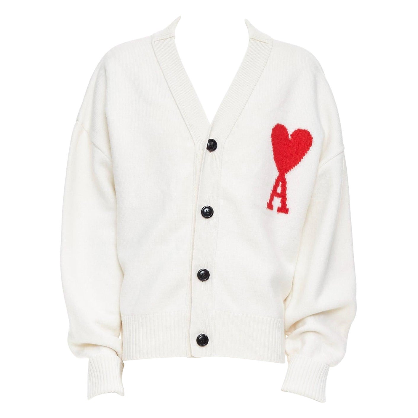 Cardigan boutonné AMI De Coeur en laine vierge crème avec logo en forme de cœur XL