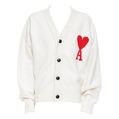 Cardigan boutonné AMI De Coeur en laine vierge crème avec logo en forme de cœur XL