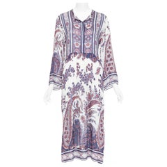 ISABEL MARANT ETOILE Tilda, abito caftano in tessuto trasparente con stampa boho, bianco e blu, Sz1