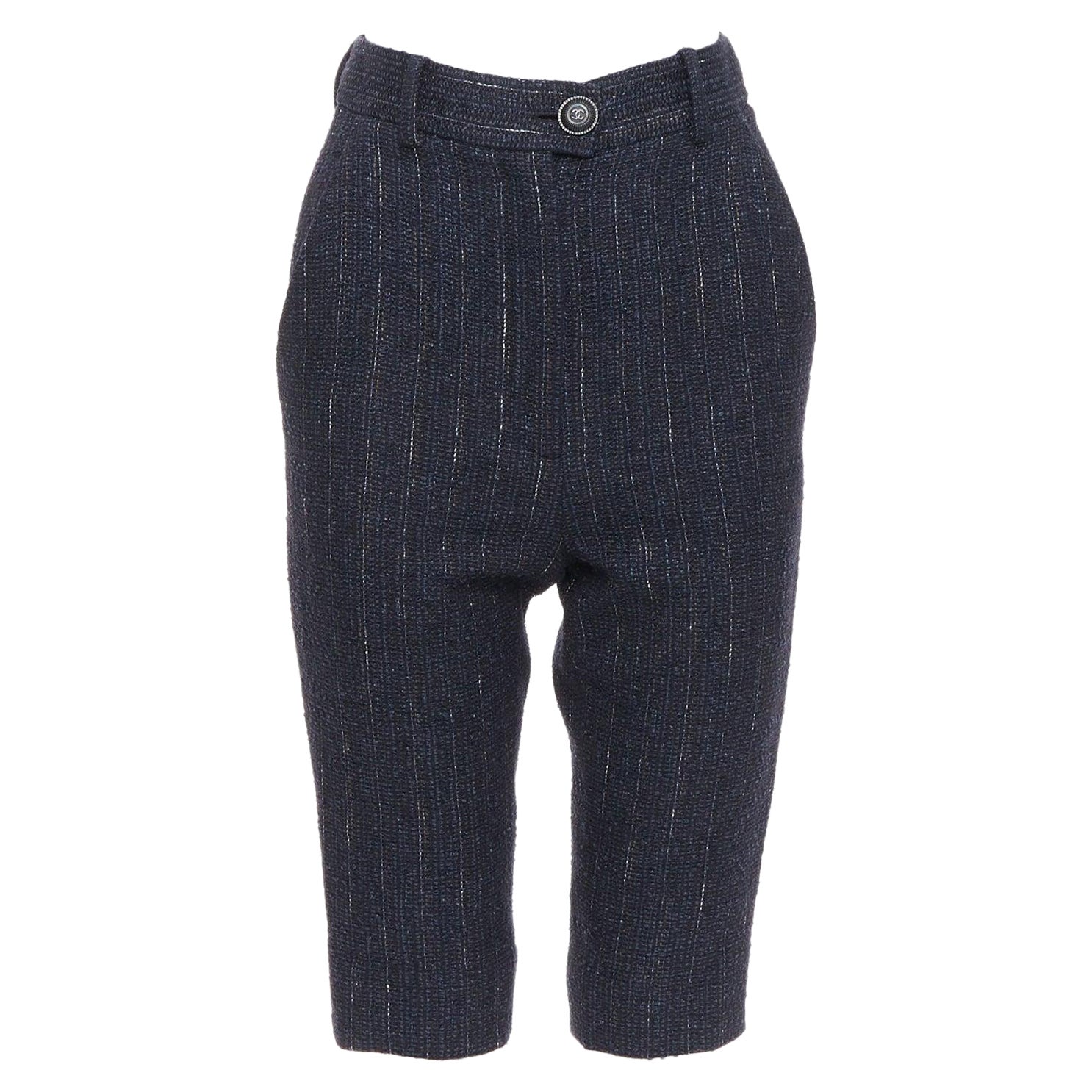CHANEL navy metallic tweed CC button knee capri pants FR34 XS For Sale
