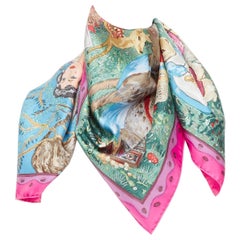 rare HERMES Fairytales Philippe Dauchez Carre 90cm pink twill print scarf
