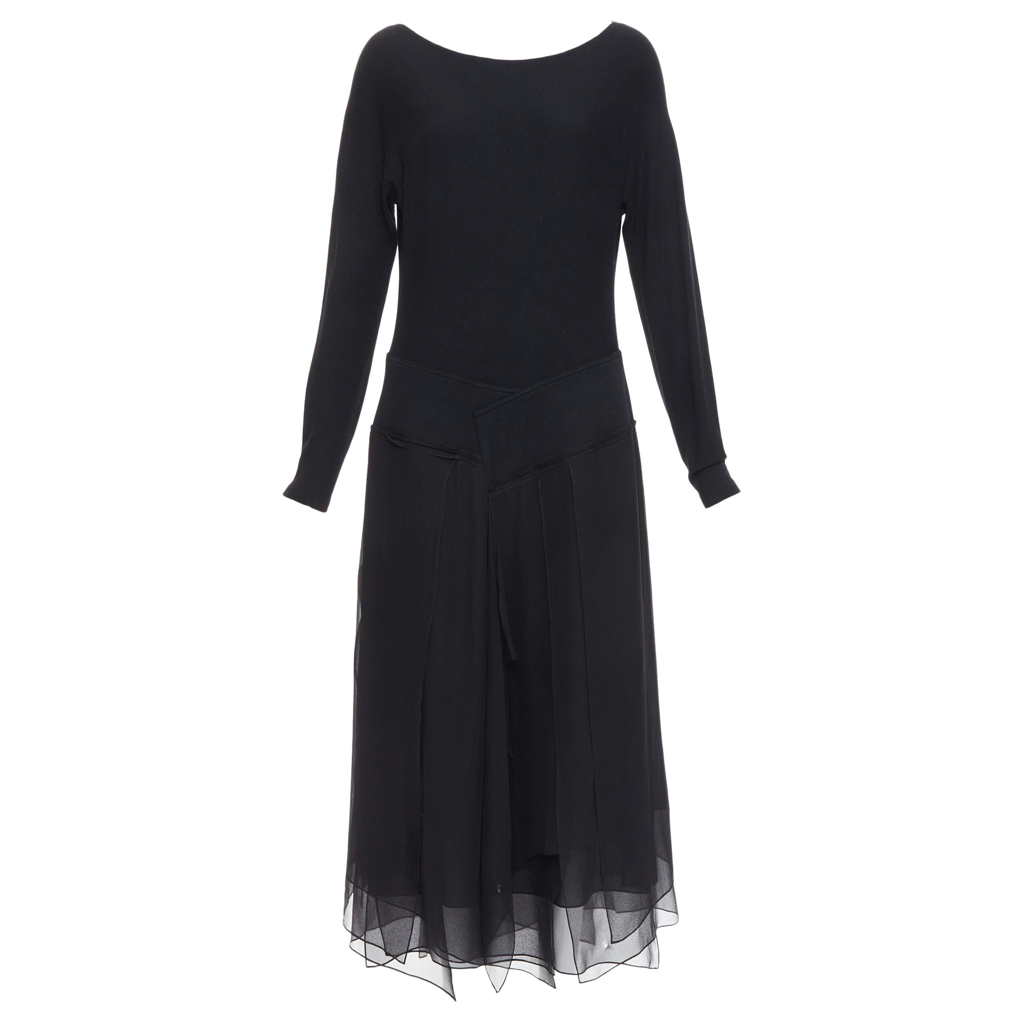 DONNA KARAN Vintage black silk trimmed viscose wool boxy midi dress L For Sale