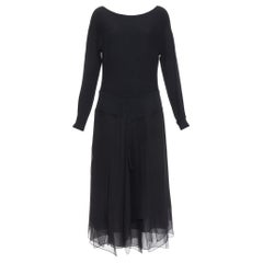 DONNA KARAN Vintage black silk trimmed viscose wool boxy midi dress L