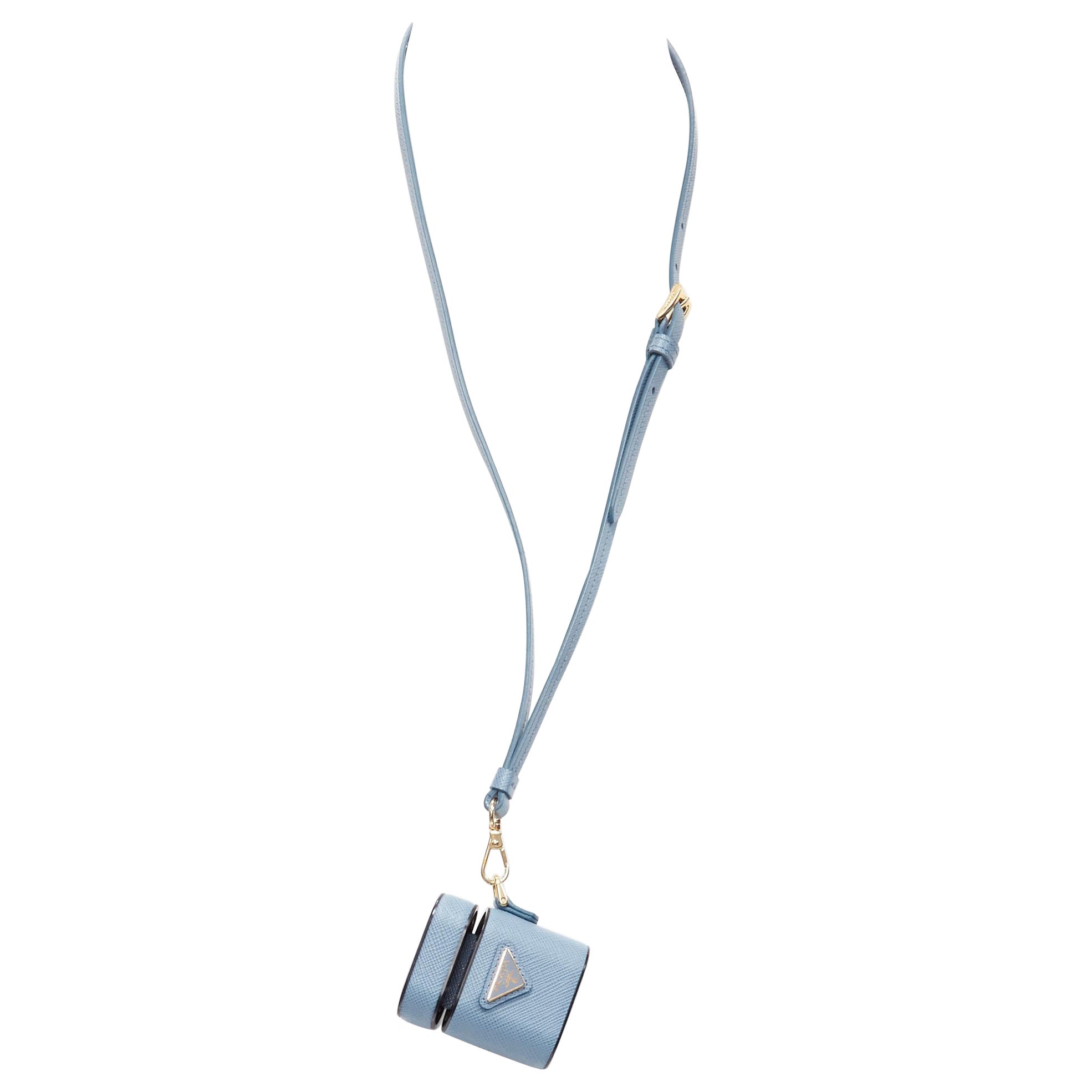 PRADA Symbole Triangle logo saffiano leather AirPods lanyard bag sky blue For Sale