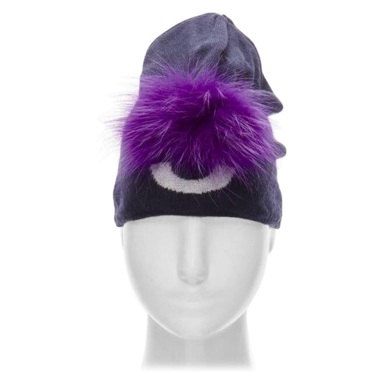 FENDI Monster Bug Eye  100% wool arctic fox fur trim navy purple beanie hat