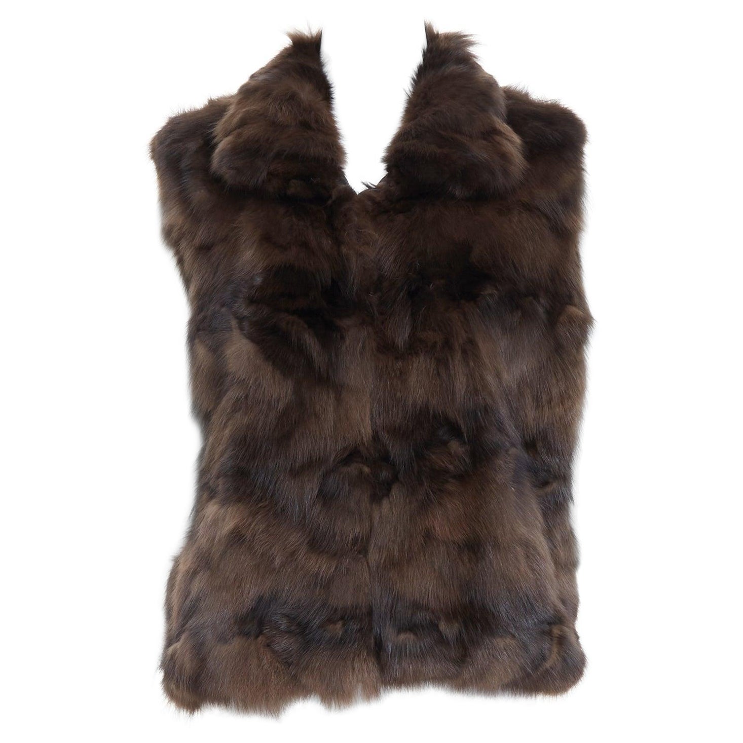 NO BRAND brown genuine fur collared pocketed vest gilet For Sale