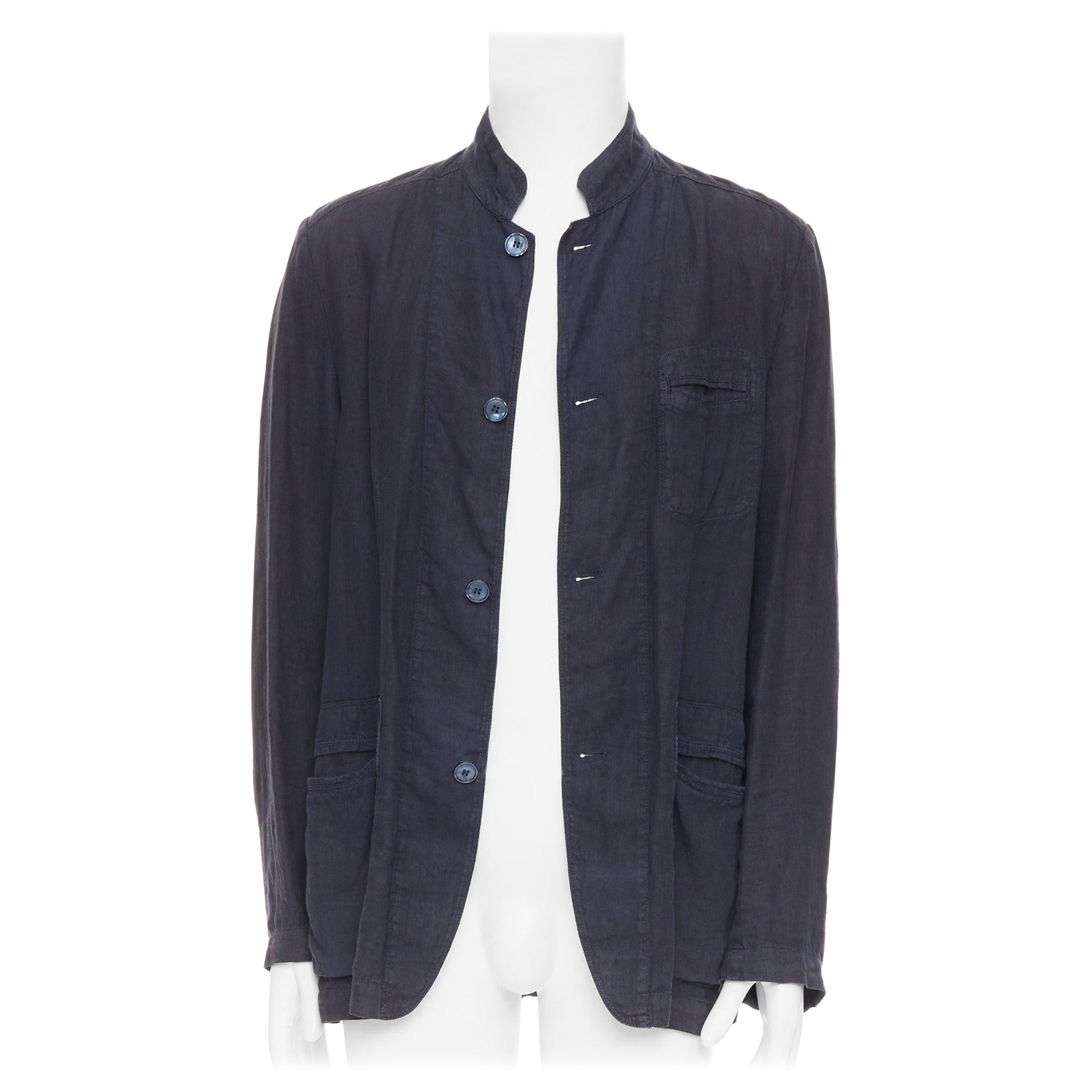 ERMENEGILDO ZEGNA navy linen 3 pockets stand collar light blazer IT48 M For Sale