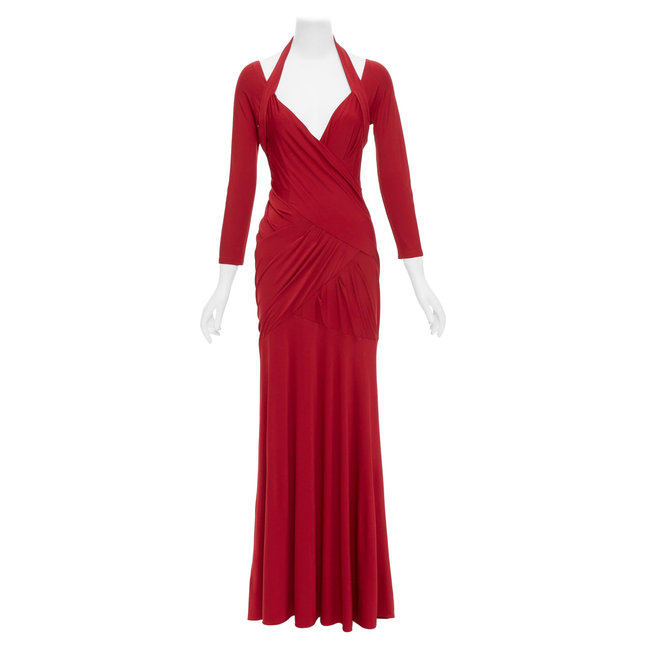 DONNA KARAN red halter plunge tucked draped evening gown dress L For Sale