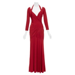 DONNA KARAN Robe de soirée drapée à décolleté dos nu et décolleté plongeant rouge L