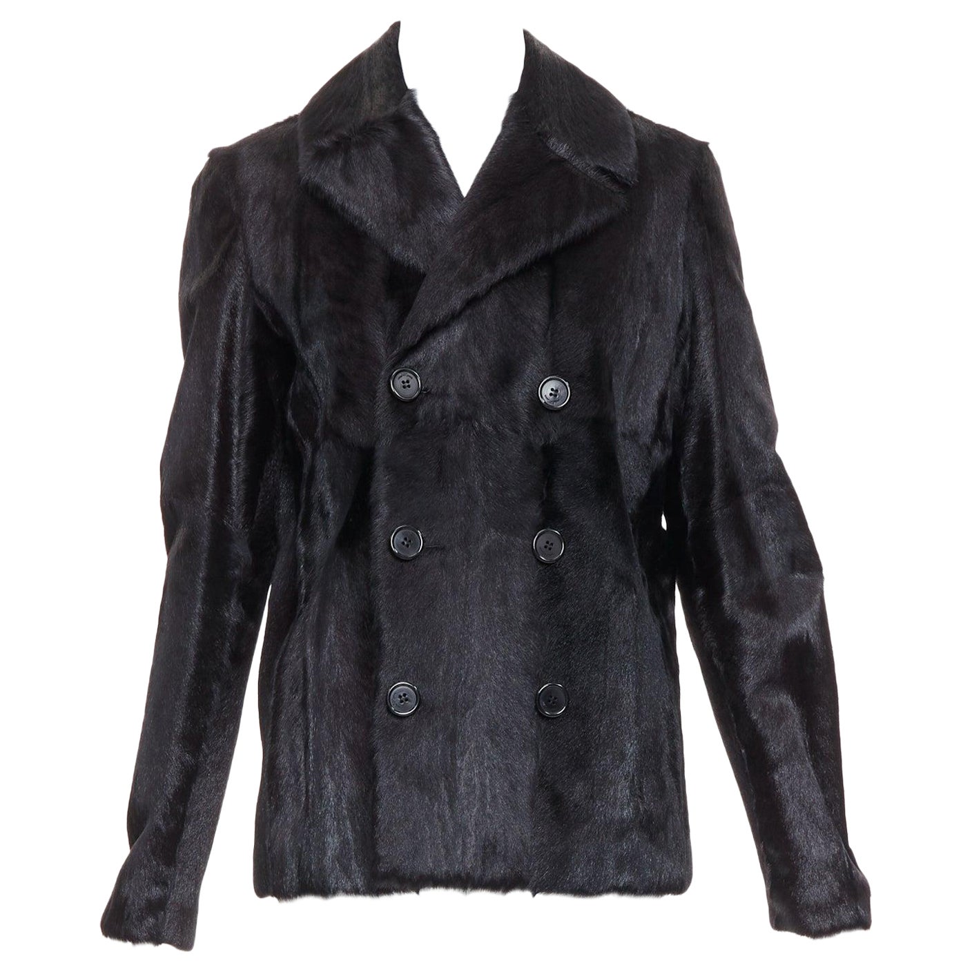 SAINT LAURENT 2017 black goat fur double breasted coat jacket FR44 2XL For Sale