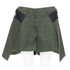 SACAI 2020 green cotton check nylon trim flared panels shorts JP3 L