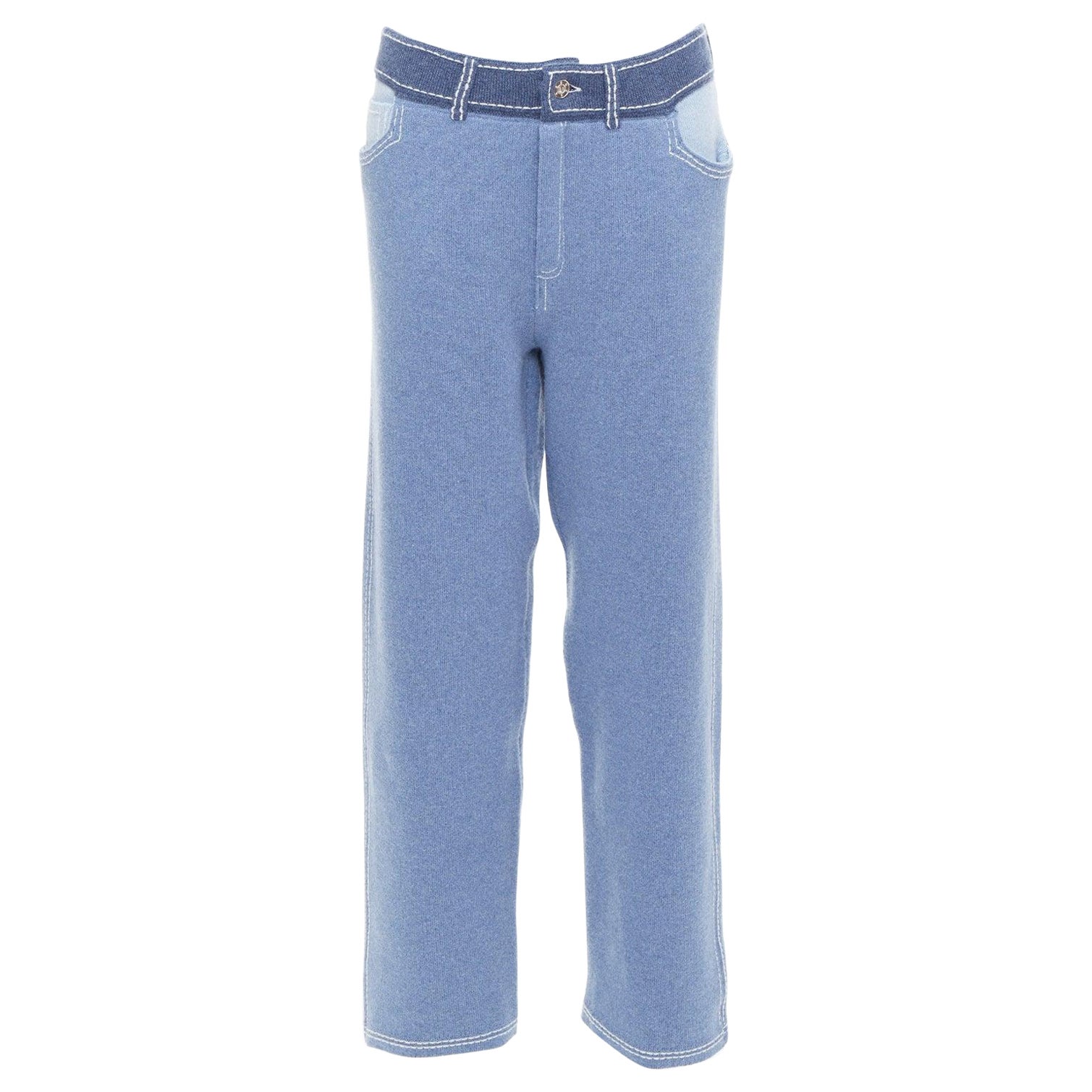 BARRIE cashmere cotton blue trompe loeil white topstitch knitted pants M For Sale