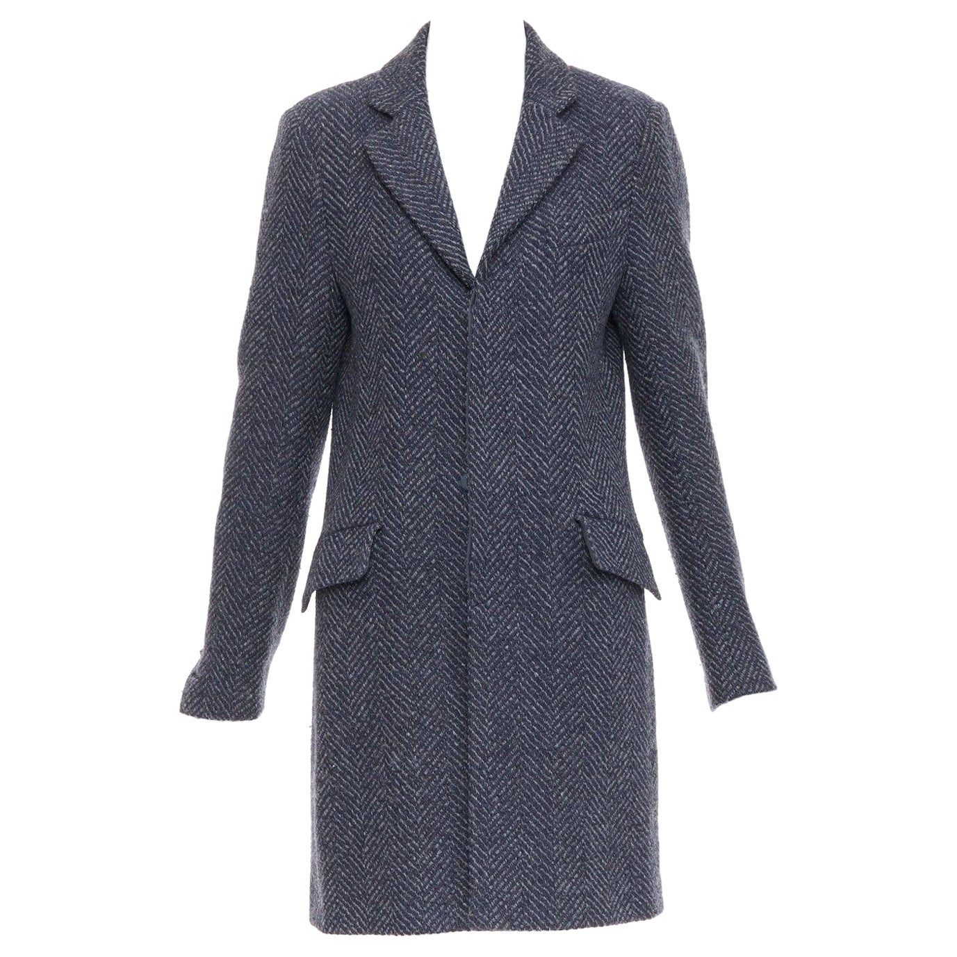CHANEL Karl Lagerfeld 08A grey navy herringbone tweed long coat FR46 3XL