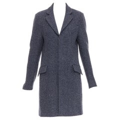 CHANEL Karl Lagerfeld 08A grauer, marineblauer, langer Tweed-Mantel mit Fischgrätenmuster FR46 3XL