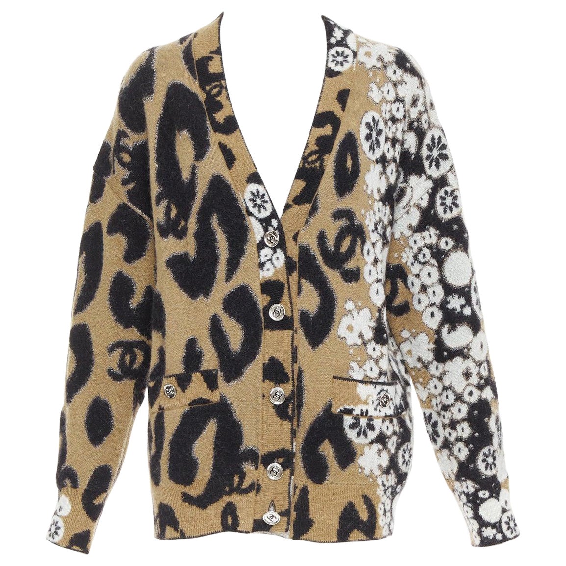CHANEL A23 Runway braun schwarz CC Logo Kaschmir-Mohair Strickjacke FR40 L