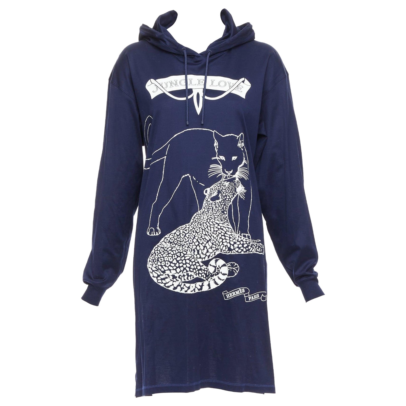 HERMES 2022 navy jungle love print coated cotton hooded dress FR40 L For Sale