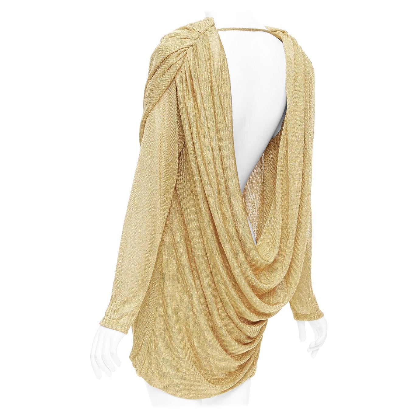 KHAITE Taiden gold metallic stretch knit drape open back mini dress L For Sale