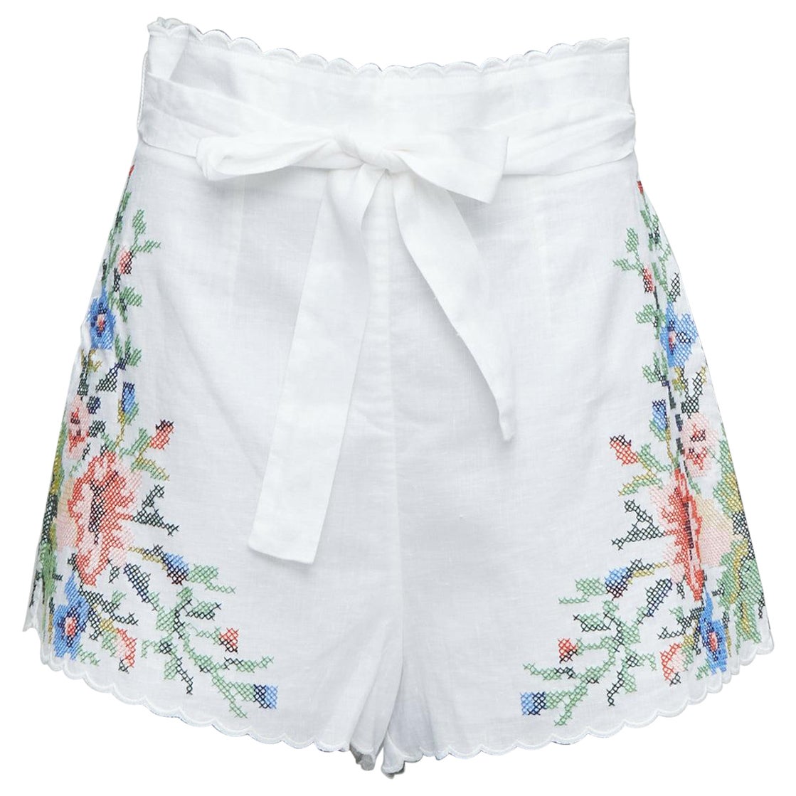 ZIMMERMANN Juliette white linen floral embroidery belted shorts US2 XXS For Sale