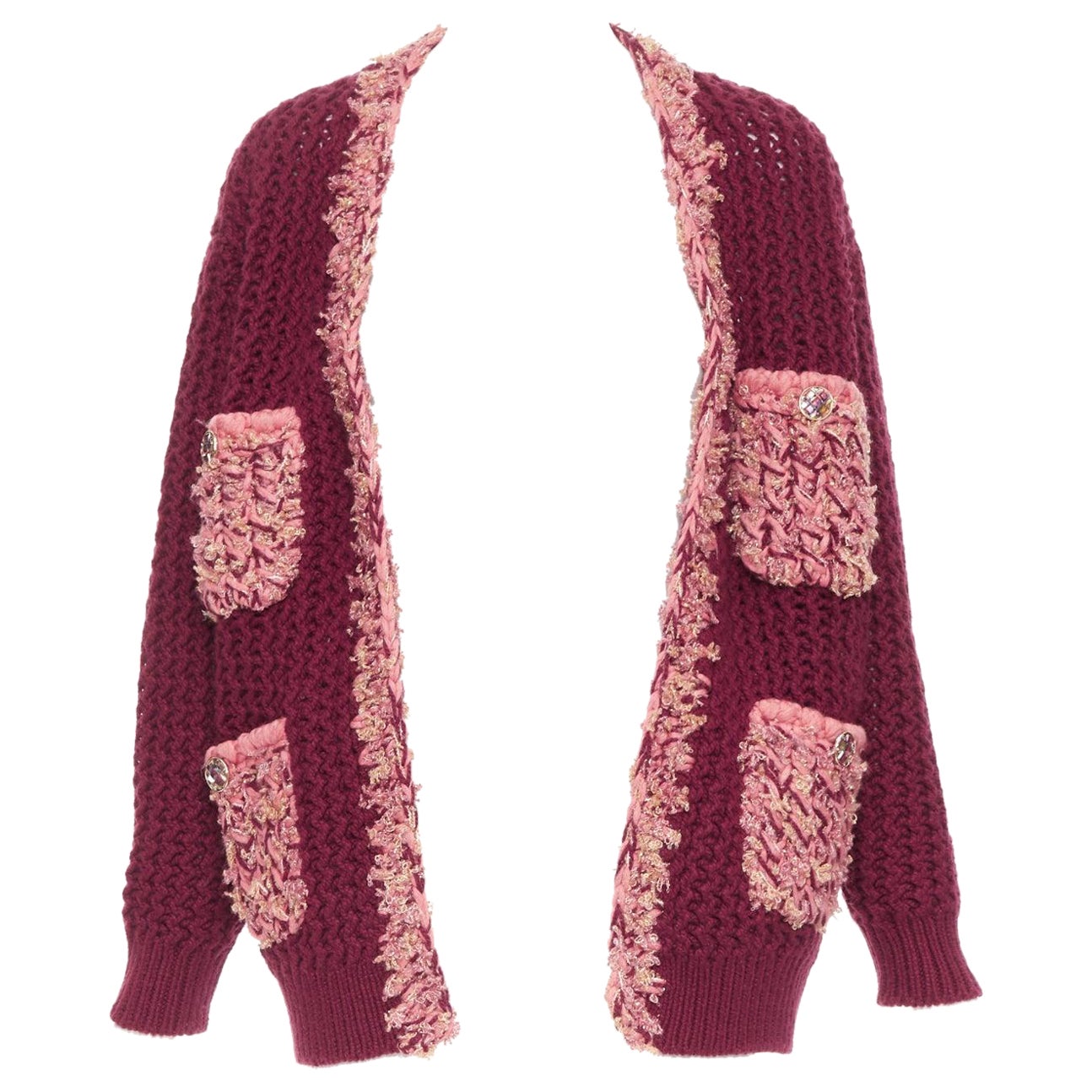 CHANEL 2022 Runway 100% cashmere burgundy pink tweed 4 pockets cardigan FR34 XS For Sale