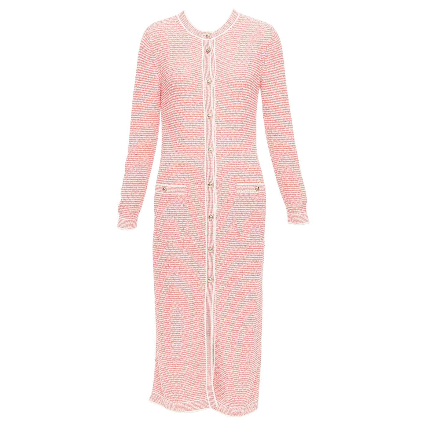 CHANEL 2021 pink white CC logo button long knit cardigan FR36 S For Sale