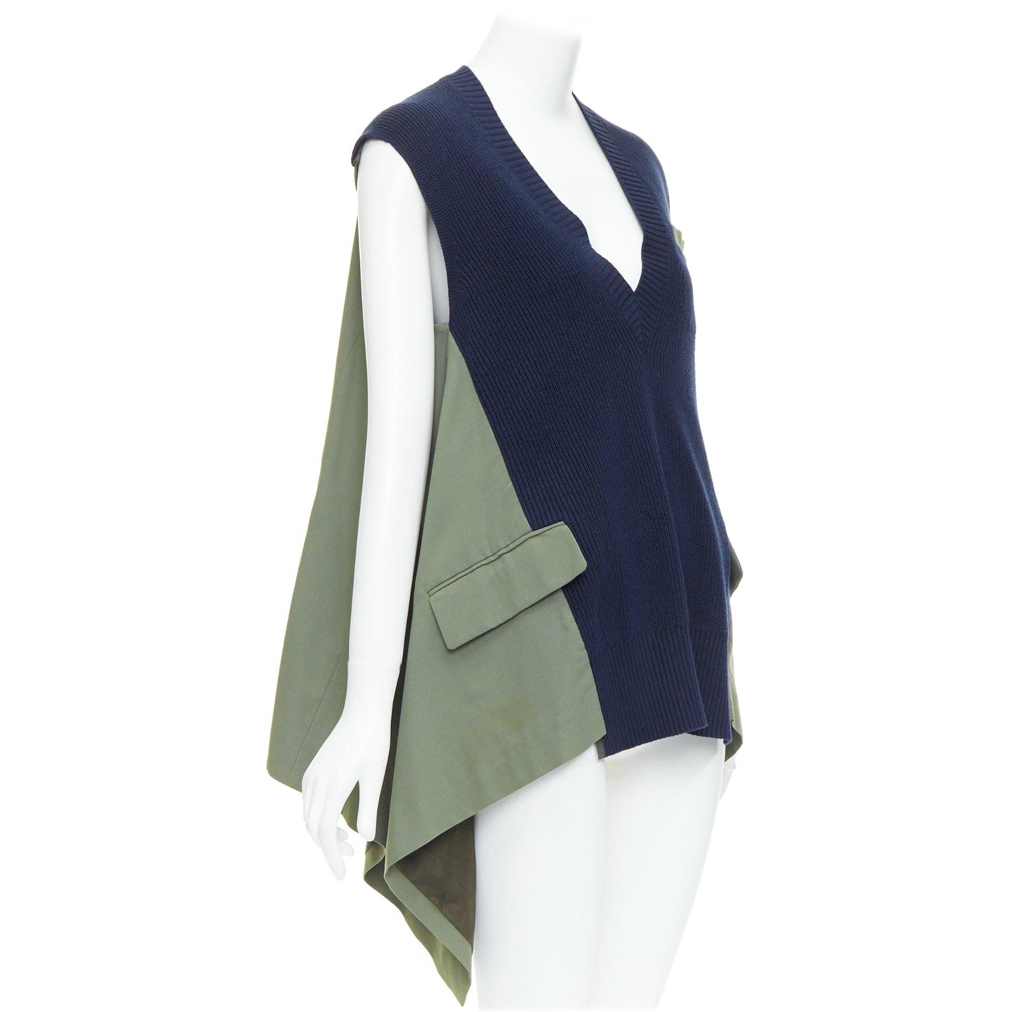 SACAI 2021 navy green cotton blend contrast hi low sides vest JP1 S For Sale