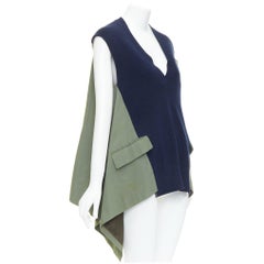 SACAI 2021 navy green cotton blend contrast hi low sides vest JP1 S