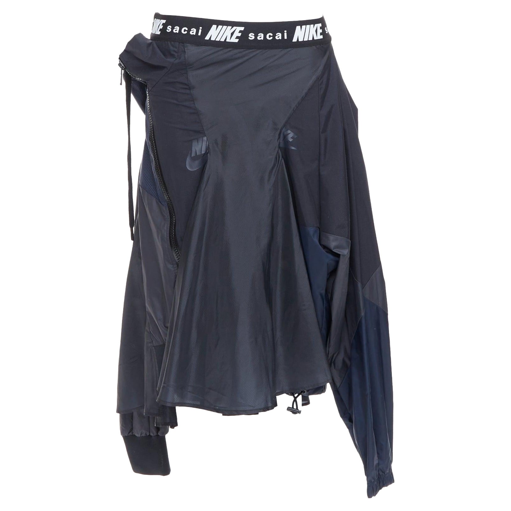 SACAI NIKE black navy nylon deconstructed windbreaker patchwork skirt S For Sale