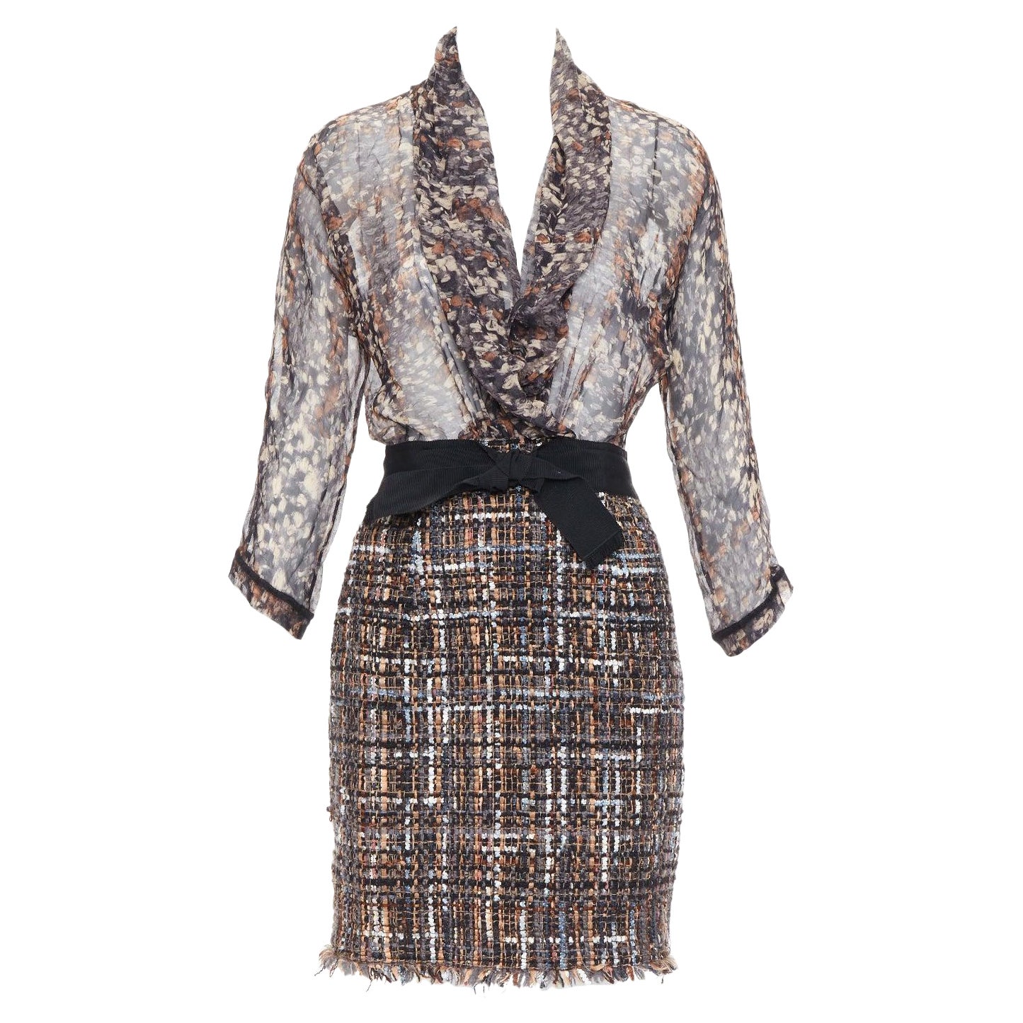 GIAMBATTISTA VALLI Vestido de contraste de tweed de seda pura mezcla de lana marrón 2010 IT40 S en venta
