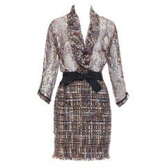 Giambattista Valli 2010 abito marrone in tweed misto lana e seta a contrasto IT40 S