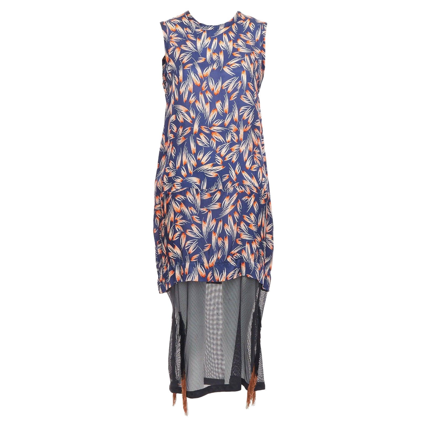 TOGA ARCHIVES orange navy tropical print sheer fringe hem dress FR36 S For Sale