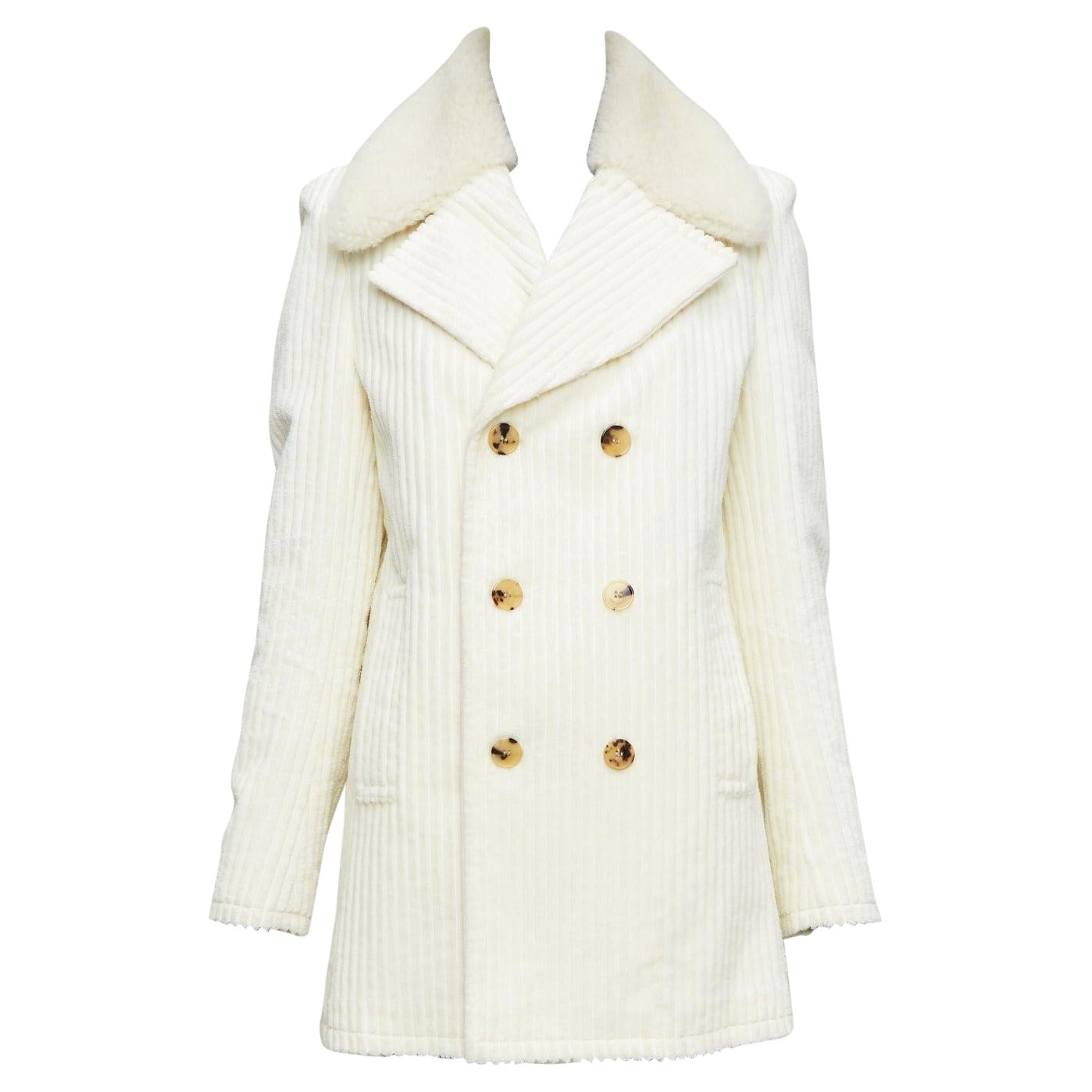 SAINT LAURENT 2021 off white shearling collar cotton corduroy coat FR38 M