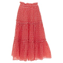 LISA MARIE FERNANDEZ red cotton embroidery eyelet ruffle tiered midi skirt US2 S