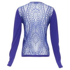 EMILIO PUCCI Blaue Schurwoll-Strickjacke mit floraler Spitze S