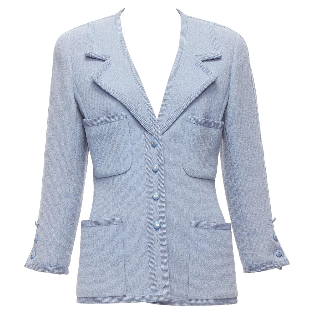 CHANEL 1997 Vintage powder blue 100% wool 4 pocket CC logo jacket FR38 M