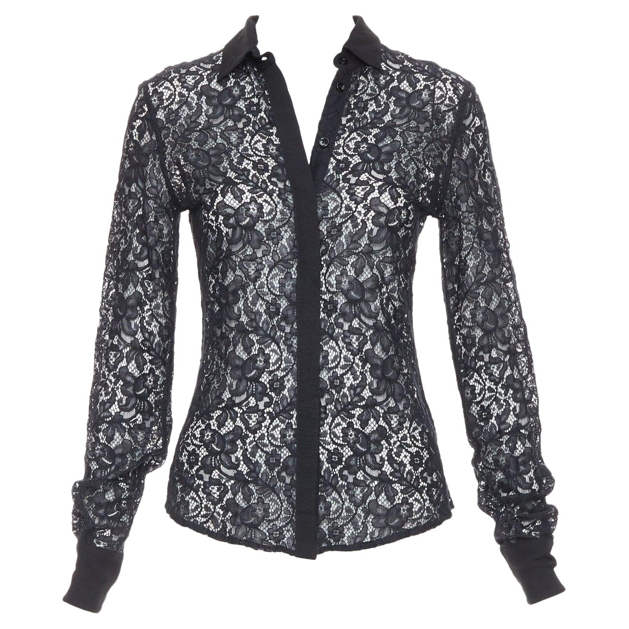 D&G DOLCE GABBANA Vintage black cotton silk lace sheer long sleeve shirt IT38 XS For Sale