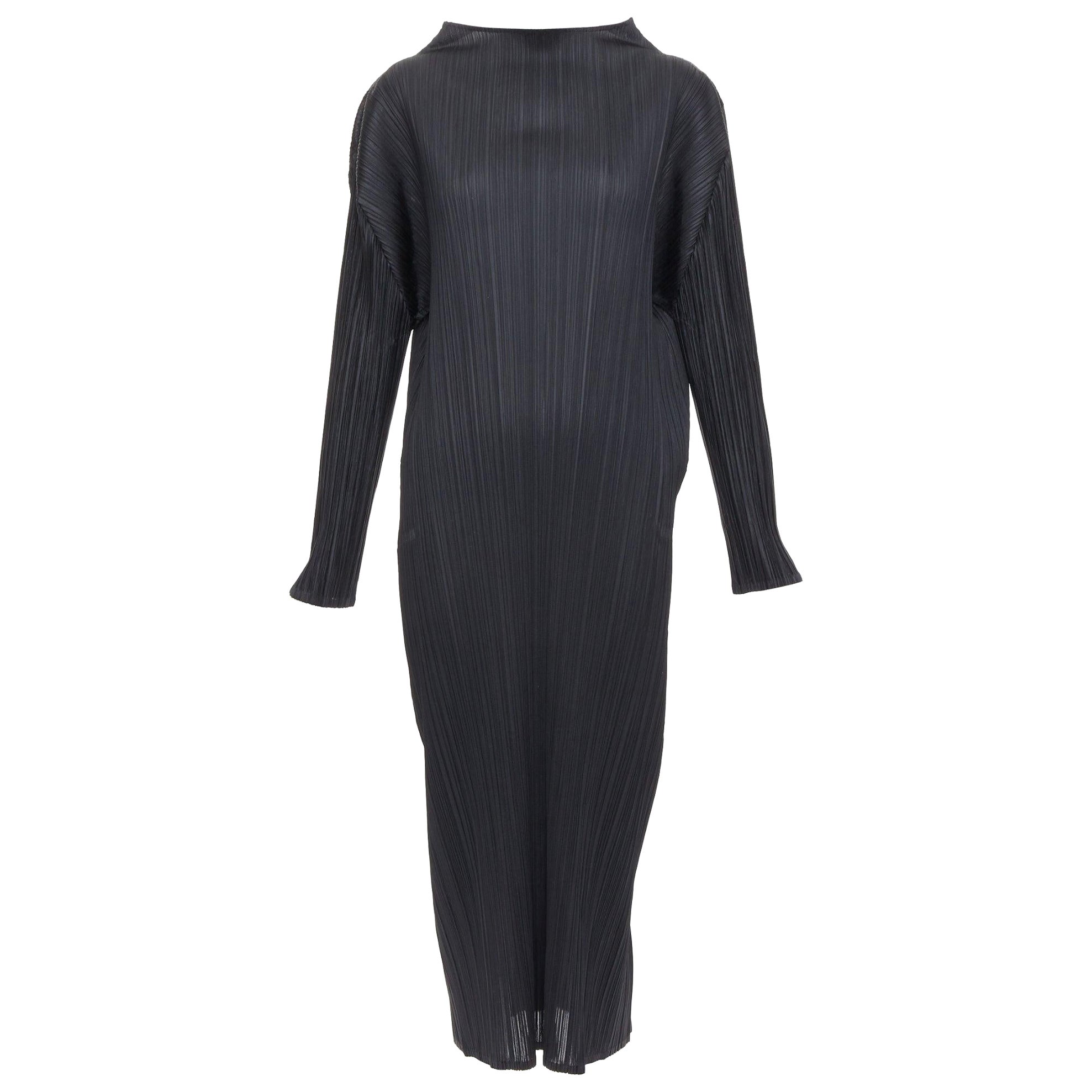 ISSEY MIYAKE Pleats Please black plisse bateau neck slit midi dress JP4 XL For Sale