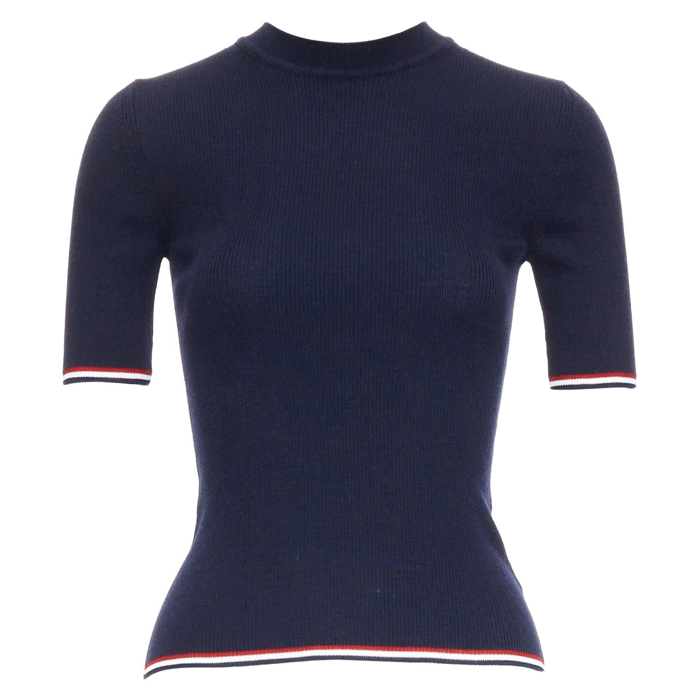 THOM BROWNE marineblaues Wollgemisch, rot-weißer Besatz, Pointelle-Strick-T-Shirt, IT36 XXS im Angebot