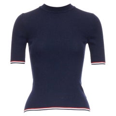 THOM BROWNE camiseta de punto pointelle mezcla de lana azul marino ribete blanco rojo IT36 XXS