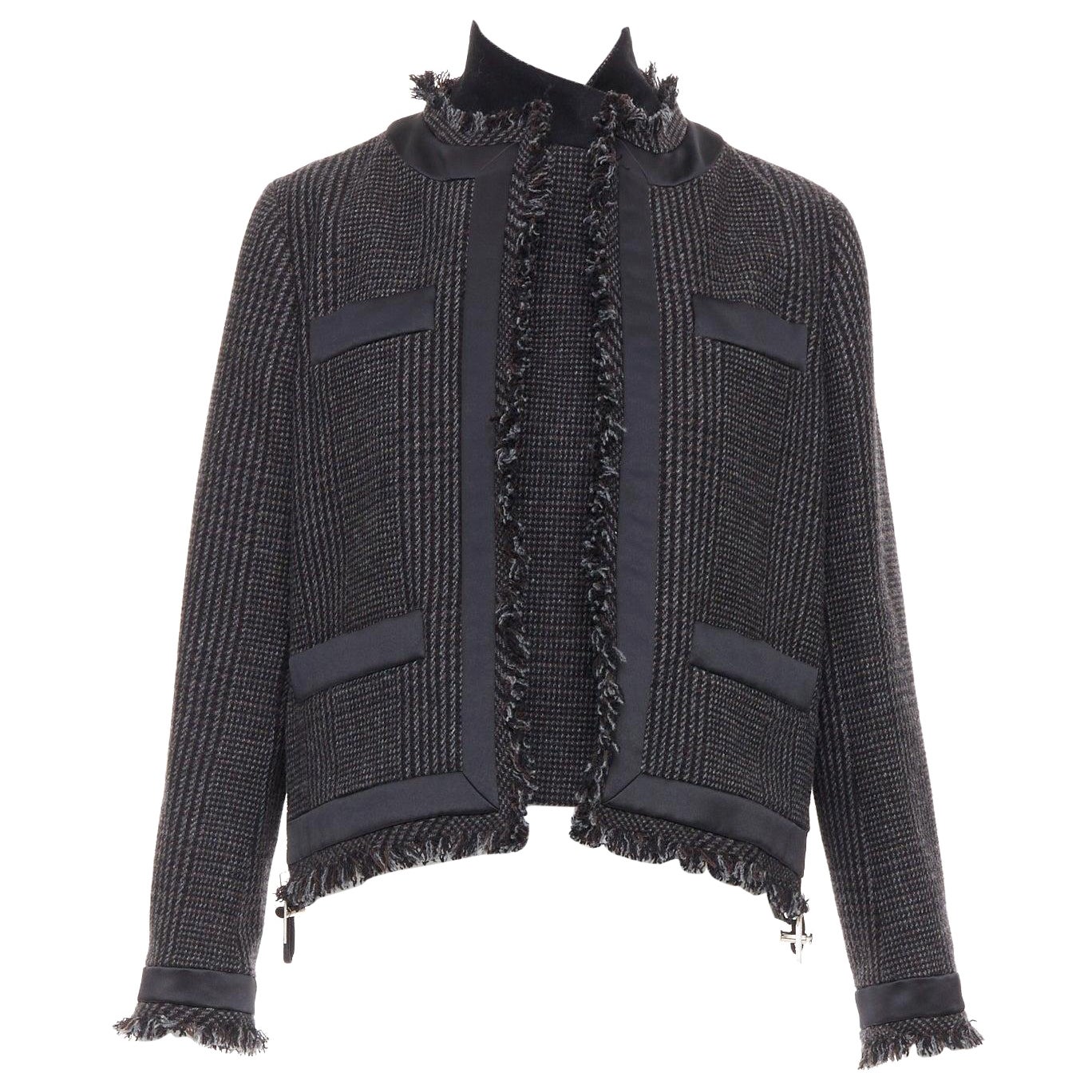 SACAI 2020 Giacca in tweed imbottita in pied-de-poule grigio Glencheck con bordi sfrangiati JP2 I. in vendita