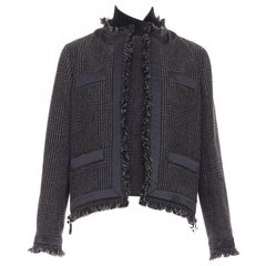 SACAI 2020 Giacca in tweed imbottita in pied-de-poule grigio Glencheck con bordi sfrangiati JP2 I.