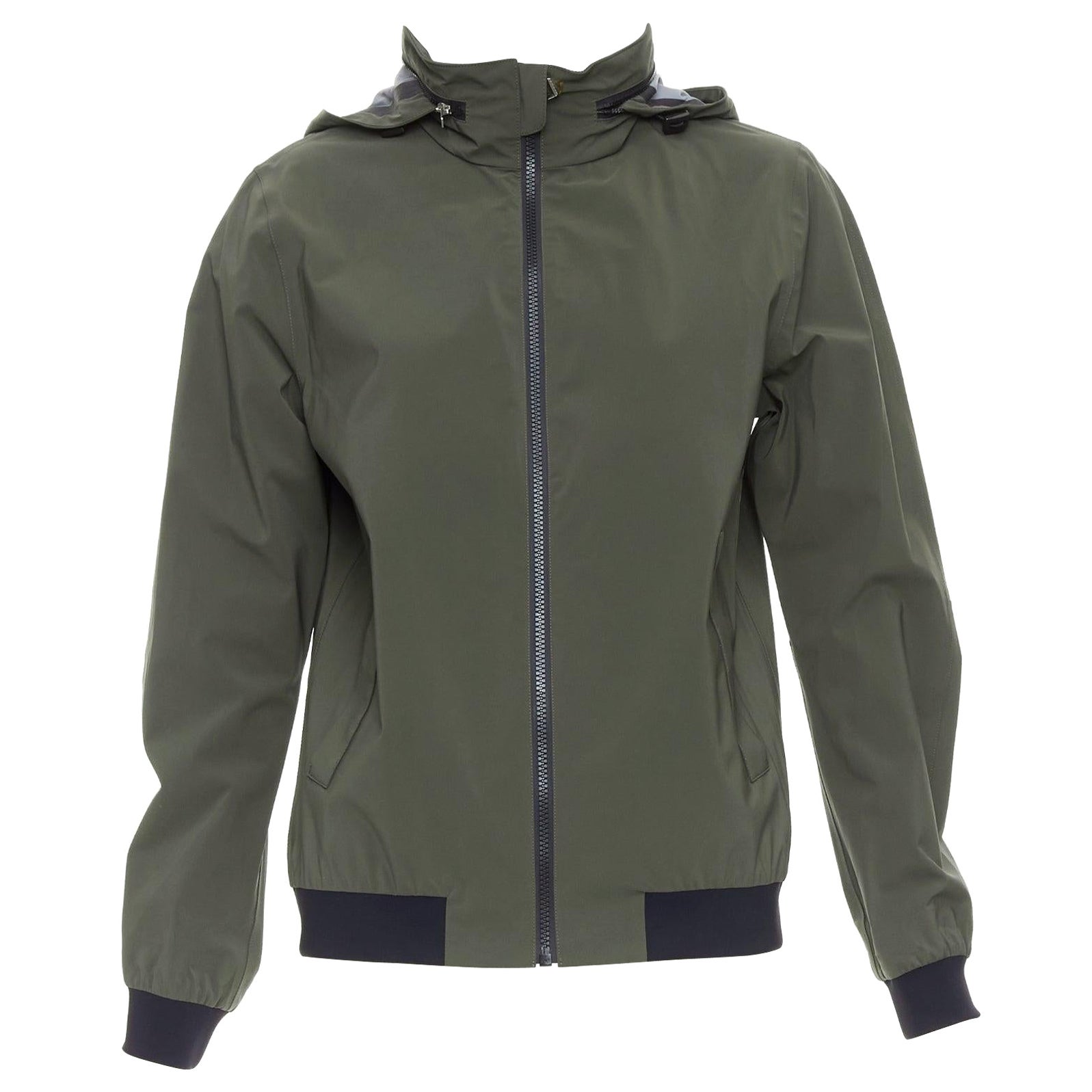HERMES Ponant giacca a vento con cappuccio in misto poliammide color kaki e finiture nere S