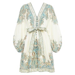 ZIMMERMANN Brighton  100% lino verde crema estampado boho vestido con lazo US3 S