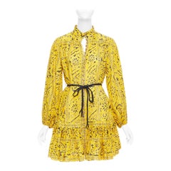 ZIMMERMANN Lulu gelbes Baumwoll-Ethnodruck-Minikleid mit Gürtel und Stufen US2 XXS