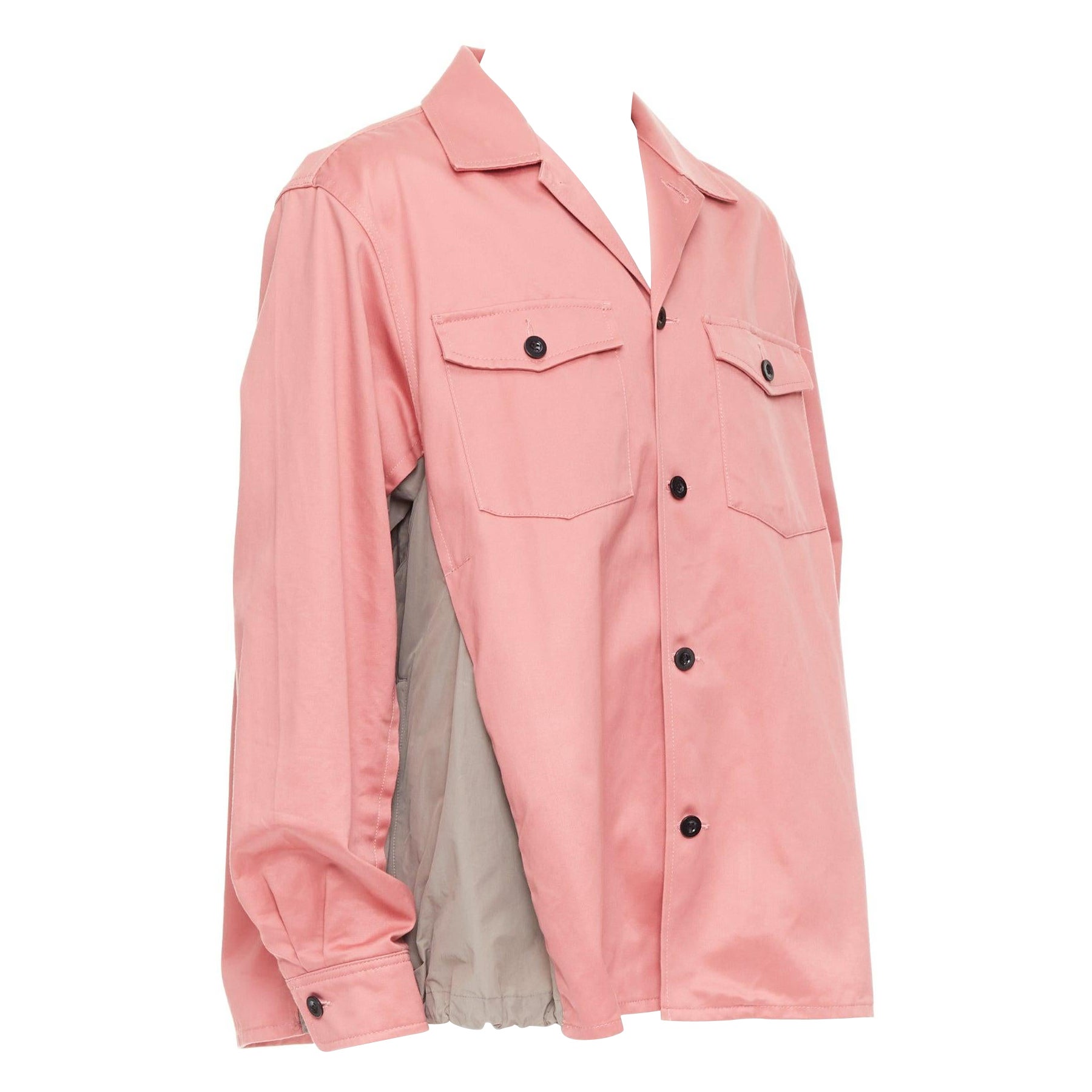 SACAI 2022 pink grey cotton nylon flared inserts safari boxy shirt JP3 L For Sale